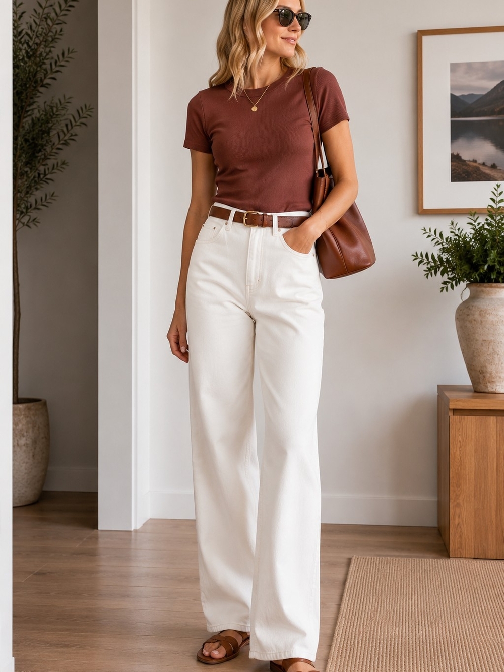 Express Women's Ribbed Short Sleeve Tee in Rust Brown